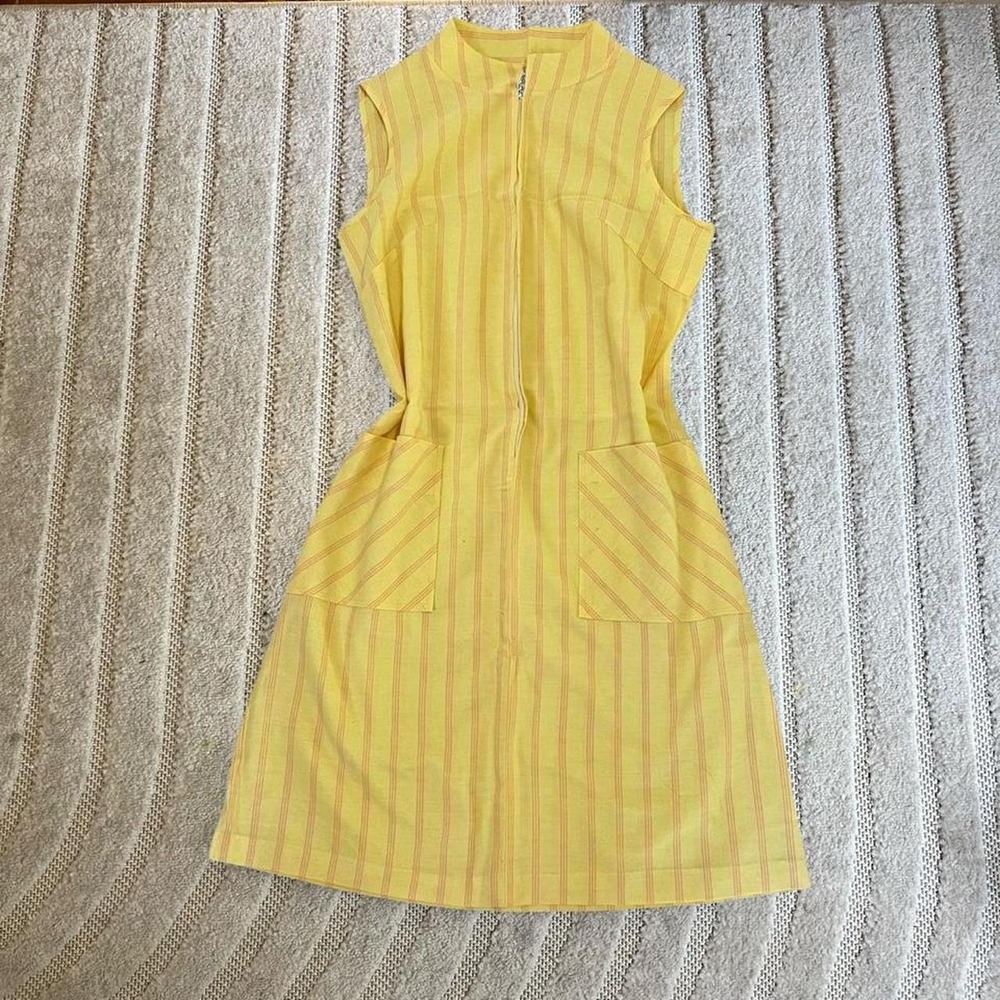 VTG 60s Sears Butter Yellow Striped Mini Summer Dress size Medium Cottage Beach
